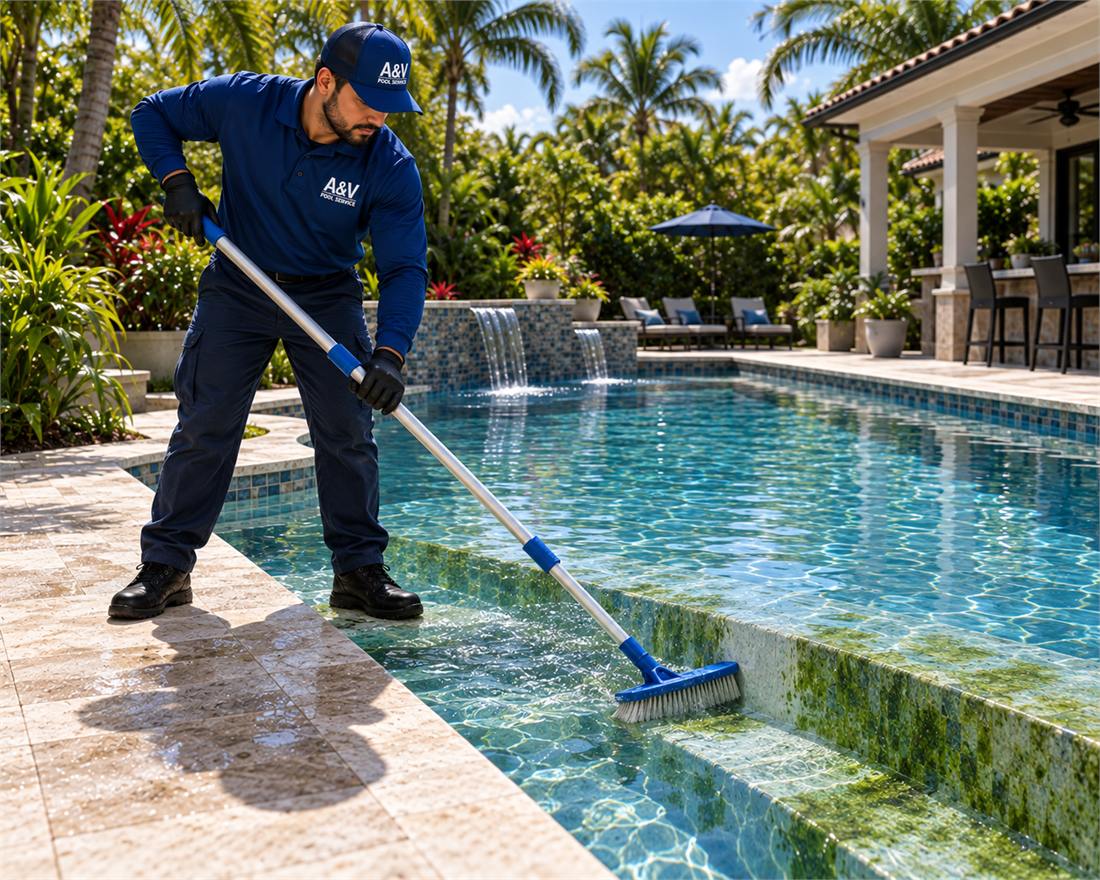 A&V Pool Service technician brushing algae from the tiled steps of a South Florida pool