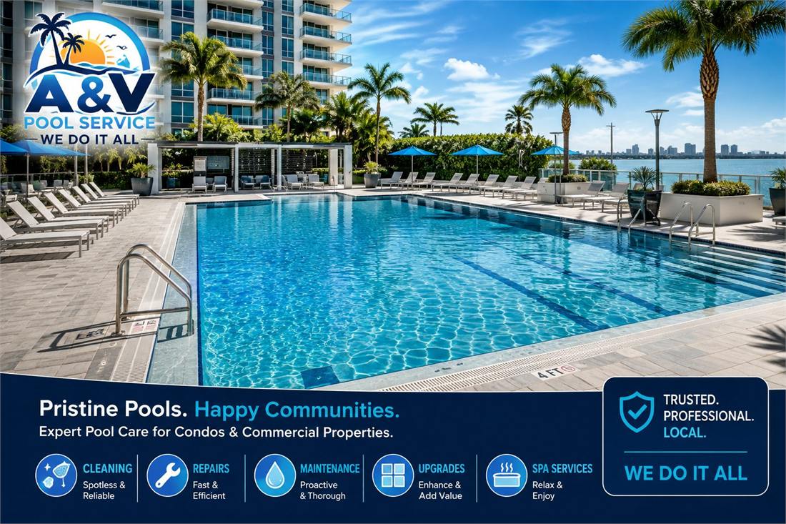 Commercial condo swimming pool deck maintained by A&V Pool Service