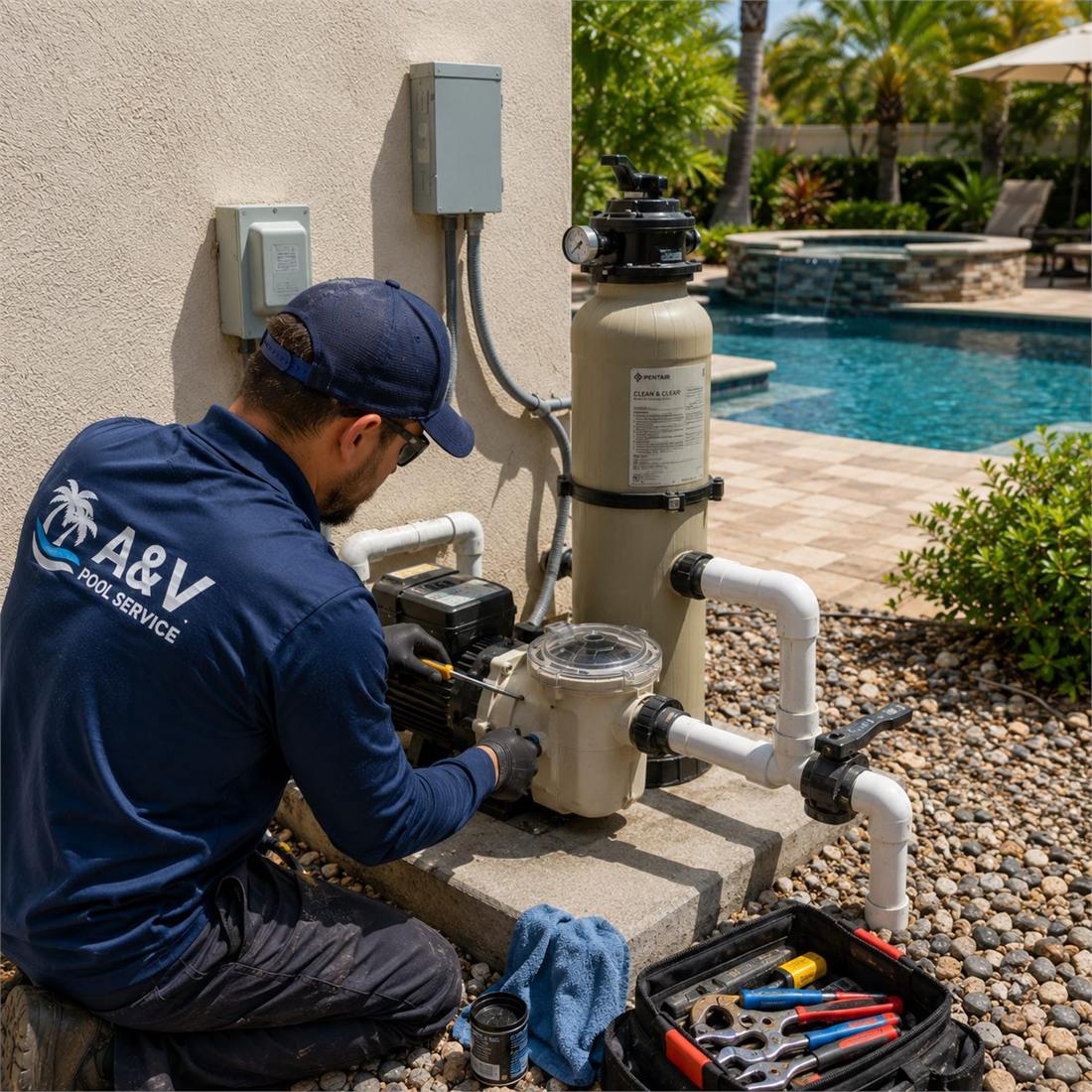 Pool pump and filter equipment pad being repaired by an A&V Pool Service technician