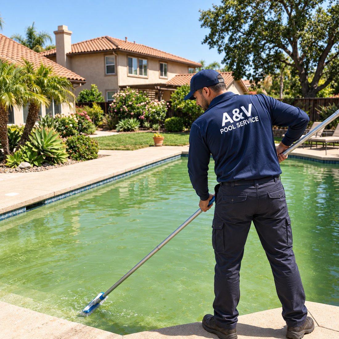 A&V Pool Service technician brushing algae from the walls of a green pool