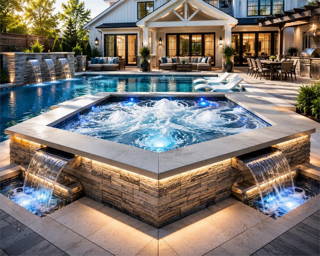 Clean hot tub with clear water serviced by A&V Pool Service