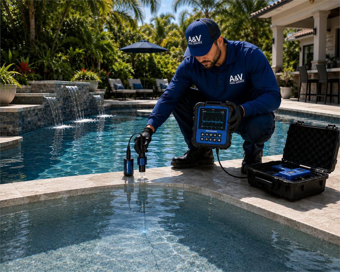 Technician performing electronic pool leak detection on a pool deck
