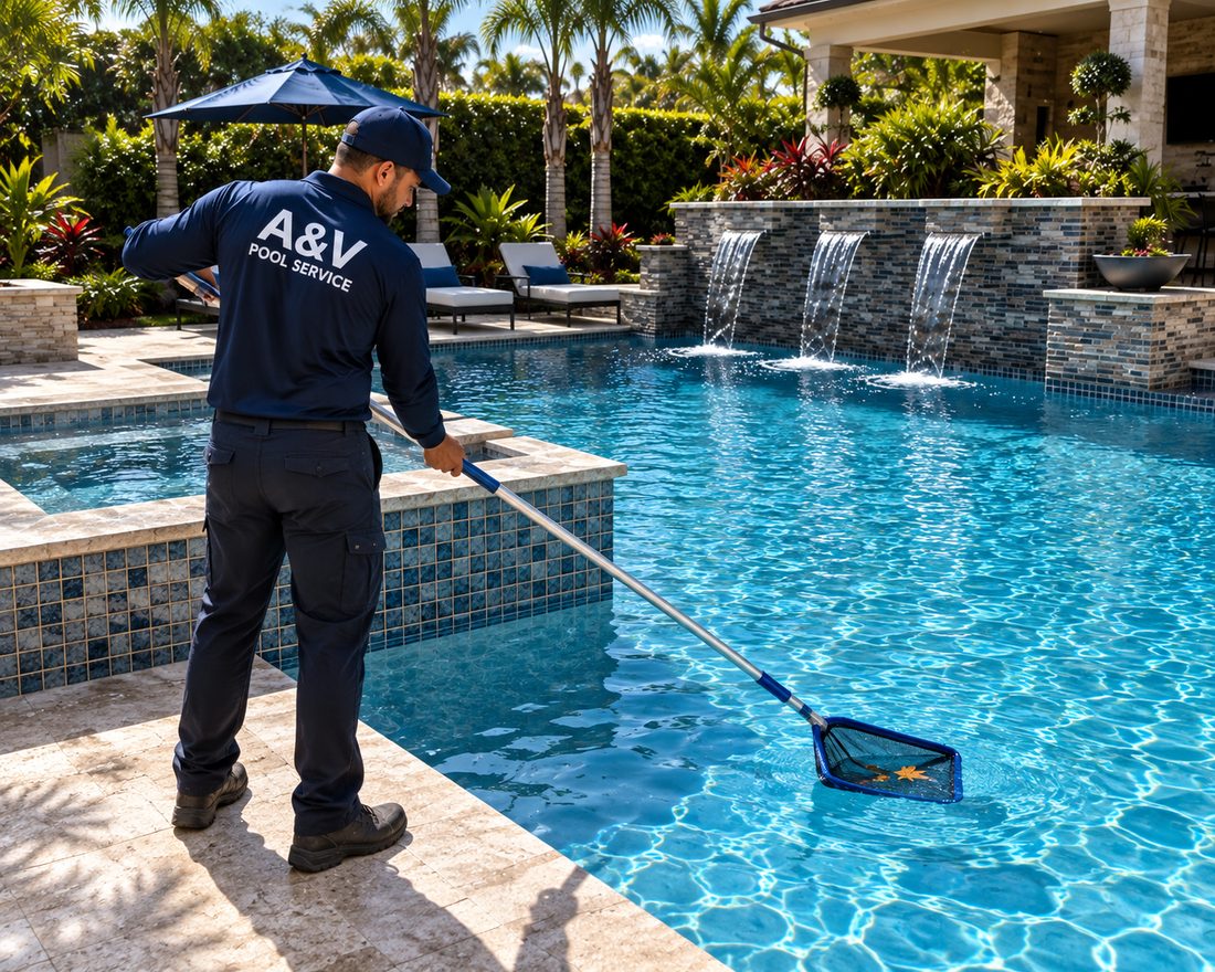 A&V Pool Service technician skimming leaves from a clear backyard pool with a leaf net
