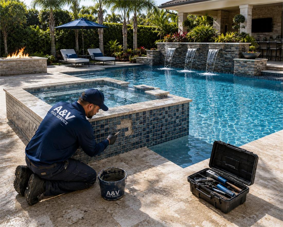Restored pool tile and waterline after calcium scale removal in Coral Gables