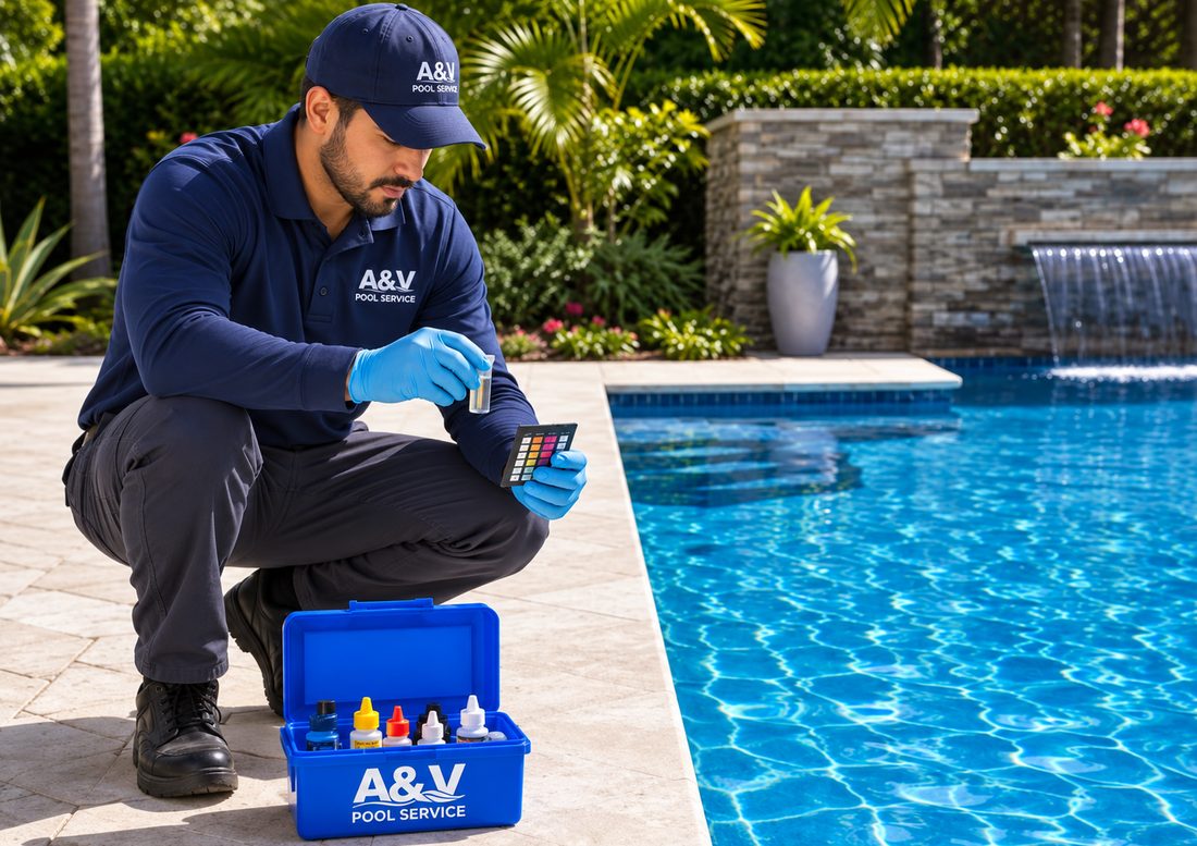 A&V Pool Service technician testing pool water chemistry with a test kit beside a backyard pool
